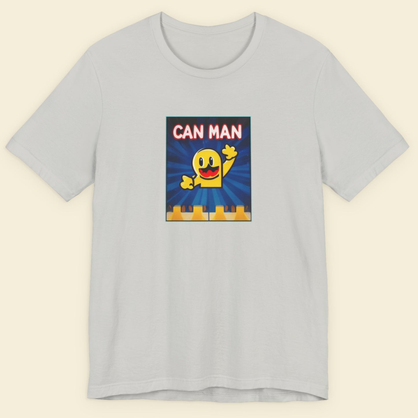 Grey t-shirt with a fun, colorful cartoon illustration on a beige background.