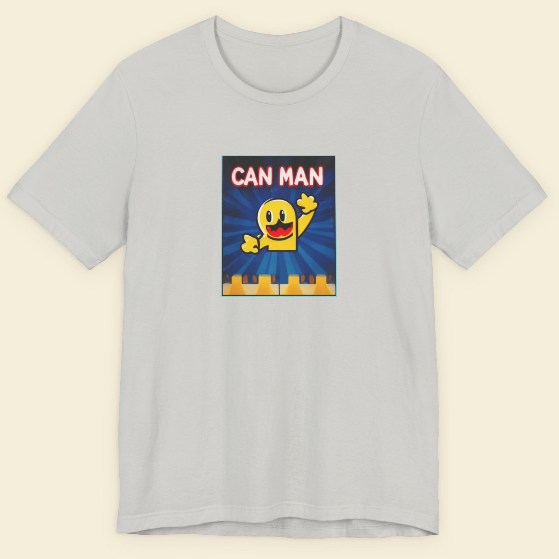 Grey t-shirt with a fun, colorful cartoon illustration on a beige background.