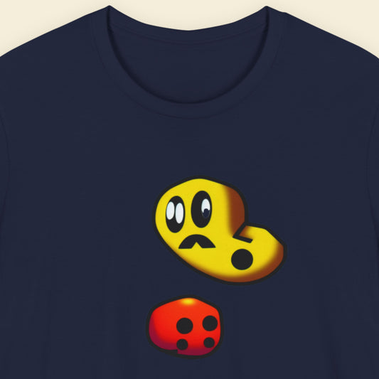 Navy blue t-shirt with a fun, colorful cartoon illustration on a beige background.