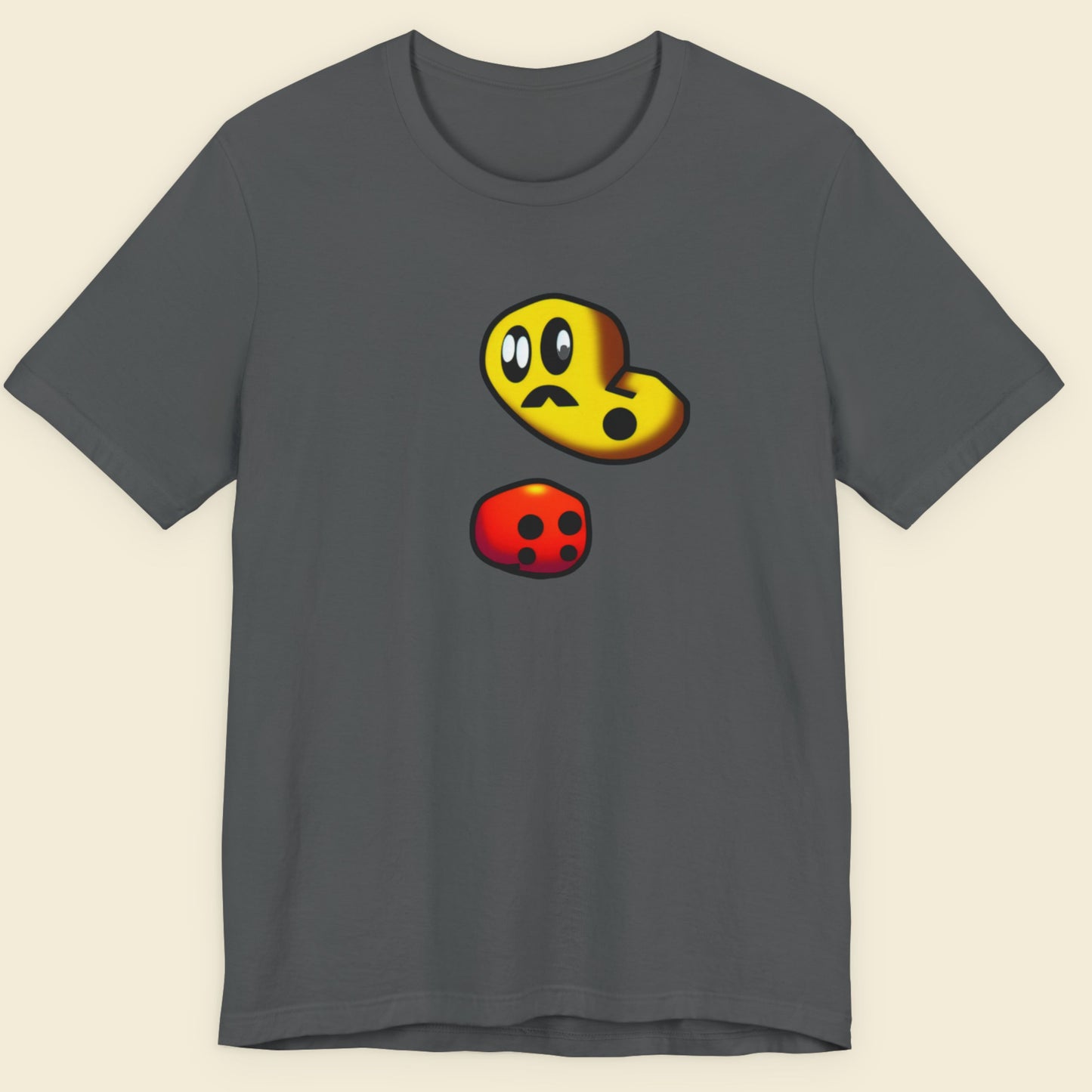 Gray t-shirt with cartoonish yellow and red characters on a beige background