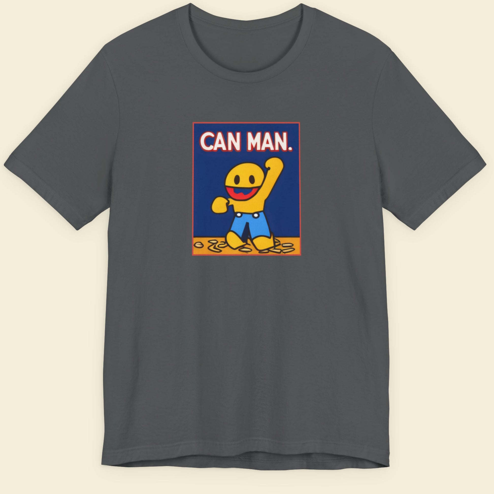 Gray t-shirt with a graphic of 'Can Man' on a beige background