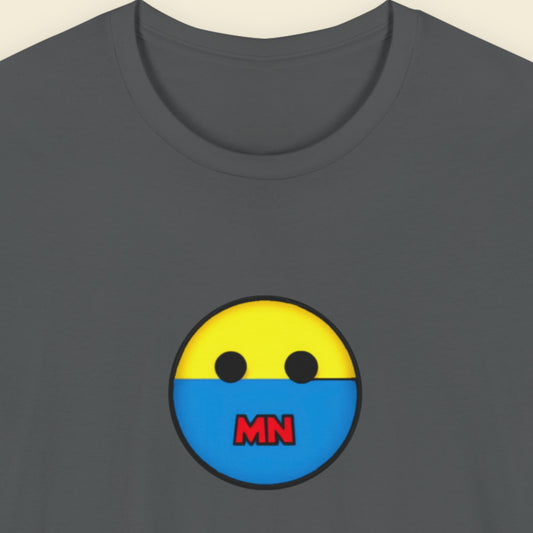 Gray t-shirt with a yellow and blue face design featuring 'MN' on a beige background.