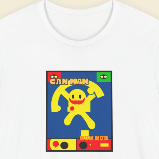 White t-shirt with a fun, colorful cartoon illustration on a beige background.