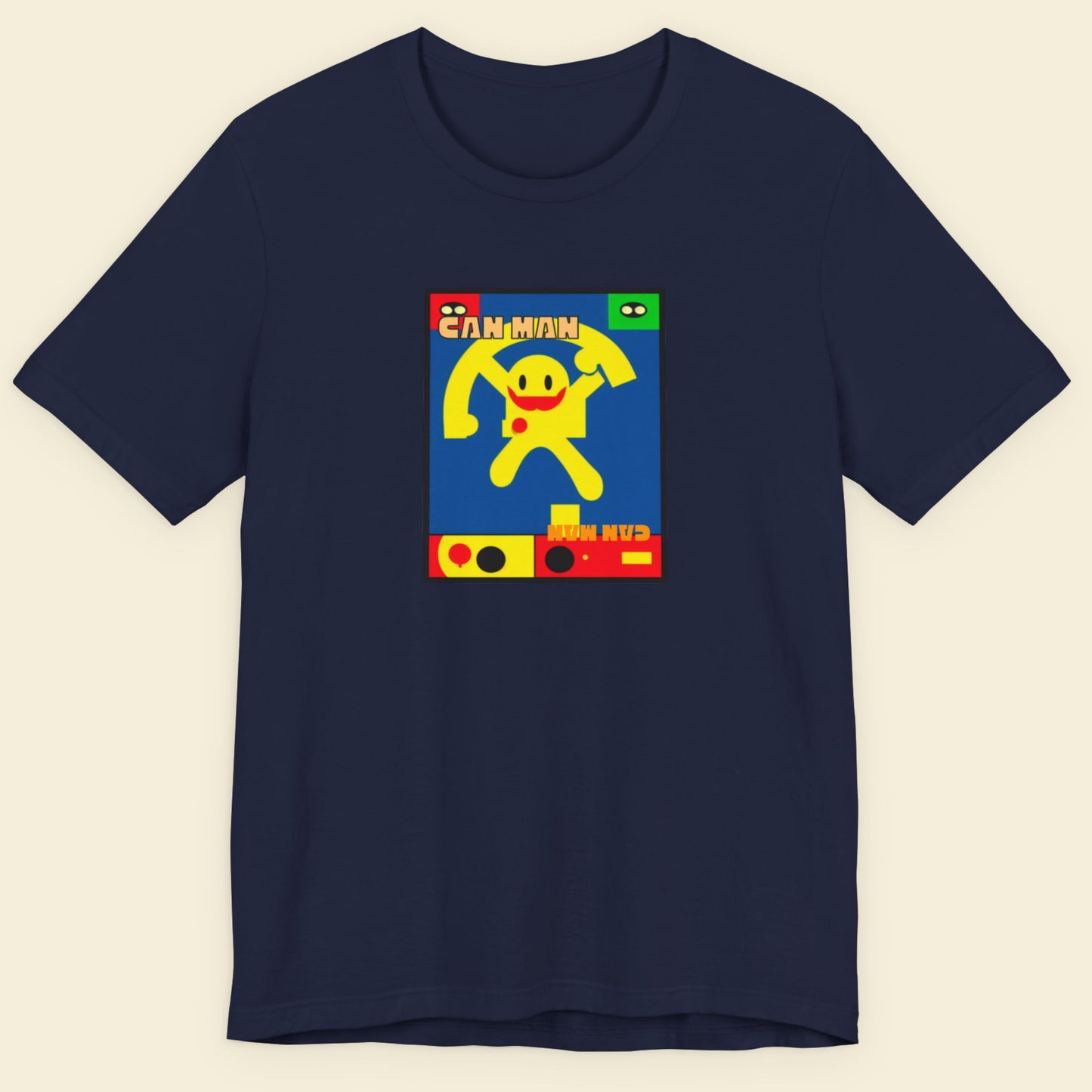 Navy blue t-shirt with a colorful graphic design on a beige background.