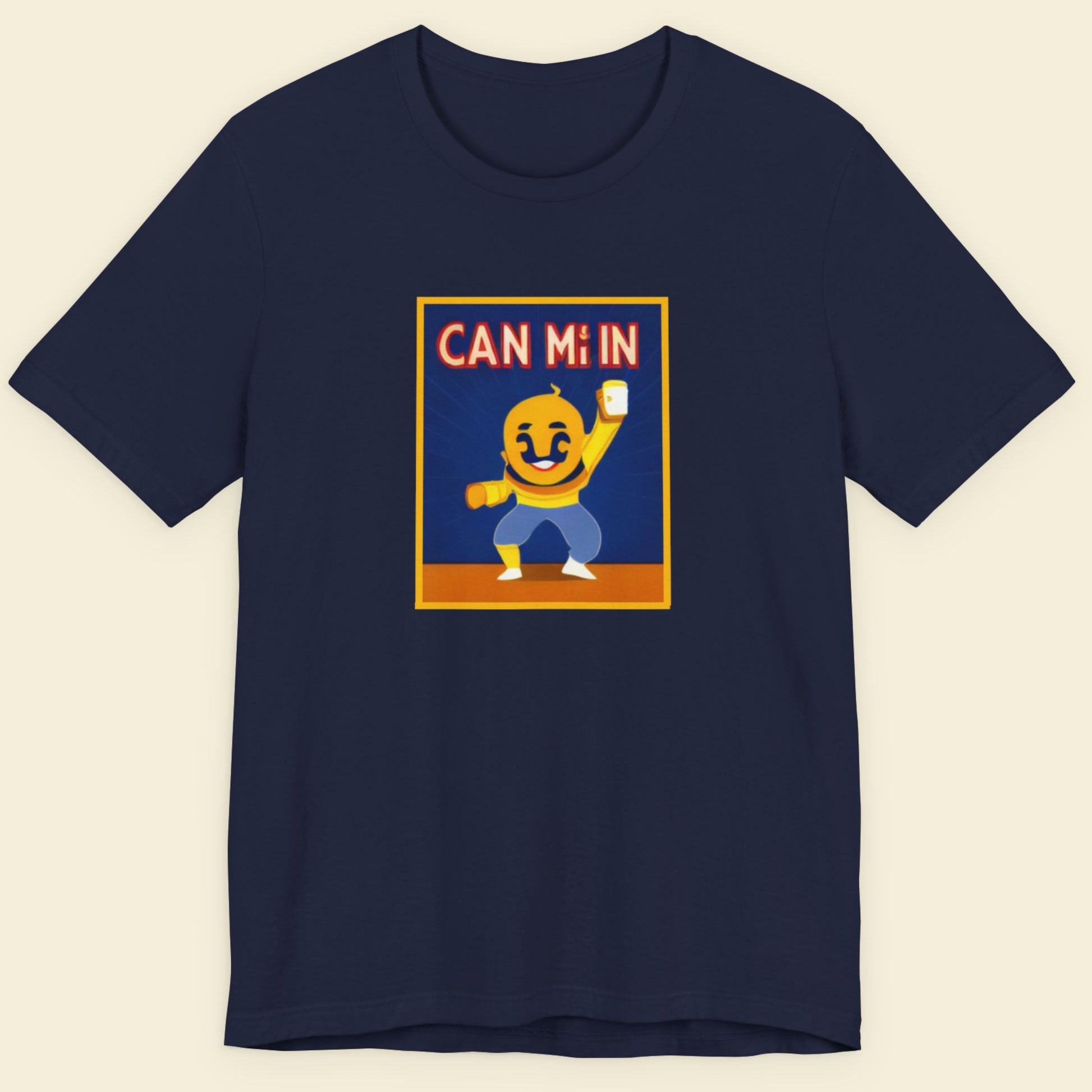 Navy blue t-shirt with a graphic of a character and text 'CAN Mi IN' on a beige background.