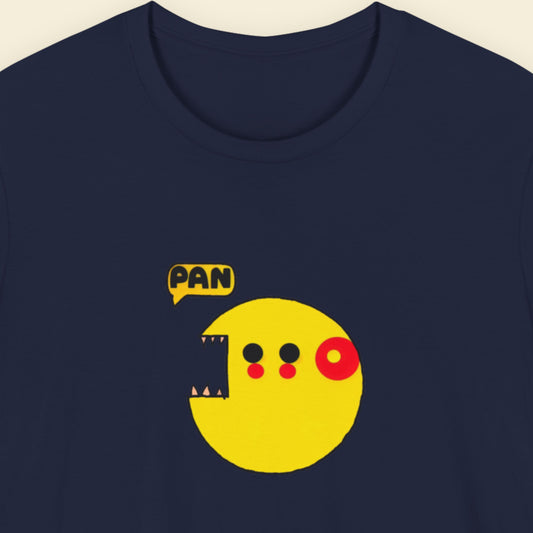 Navy blue t-shirt with a yellow graphic design featuring the word 'PAN' on a beige background.