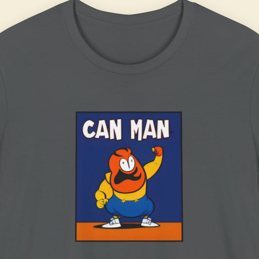 Gray t-shirt with a cartoon character and 'CAN MAN' text on a blue background.