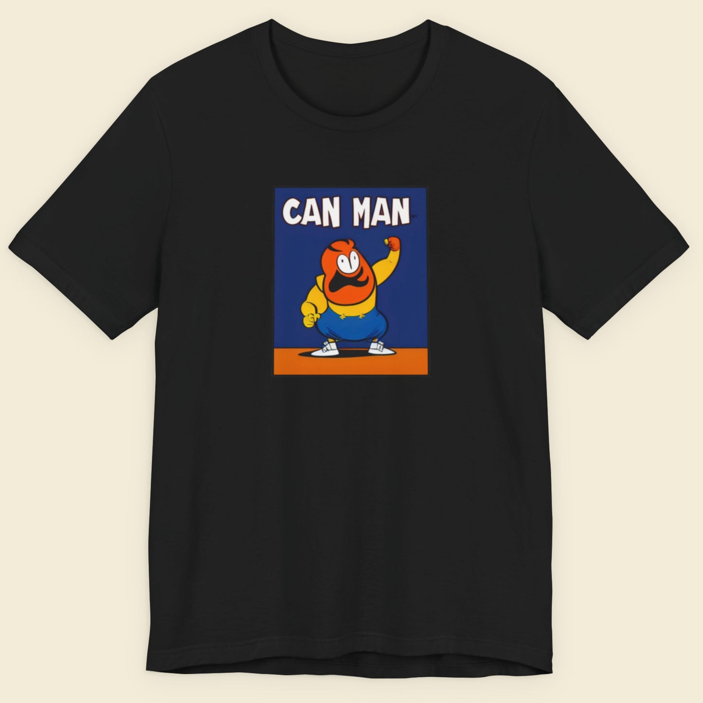 Black t-shirt with a graphic of 'Can Man' on a beige background.