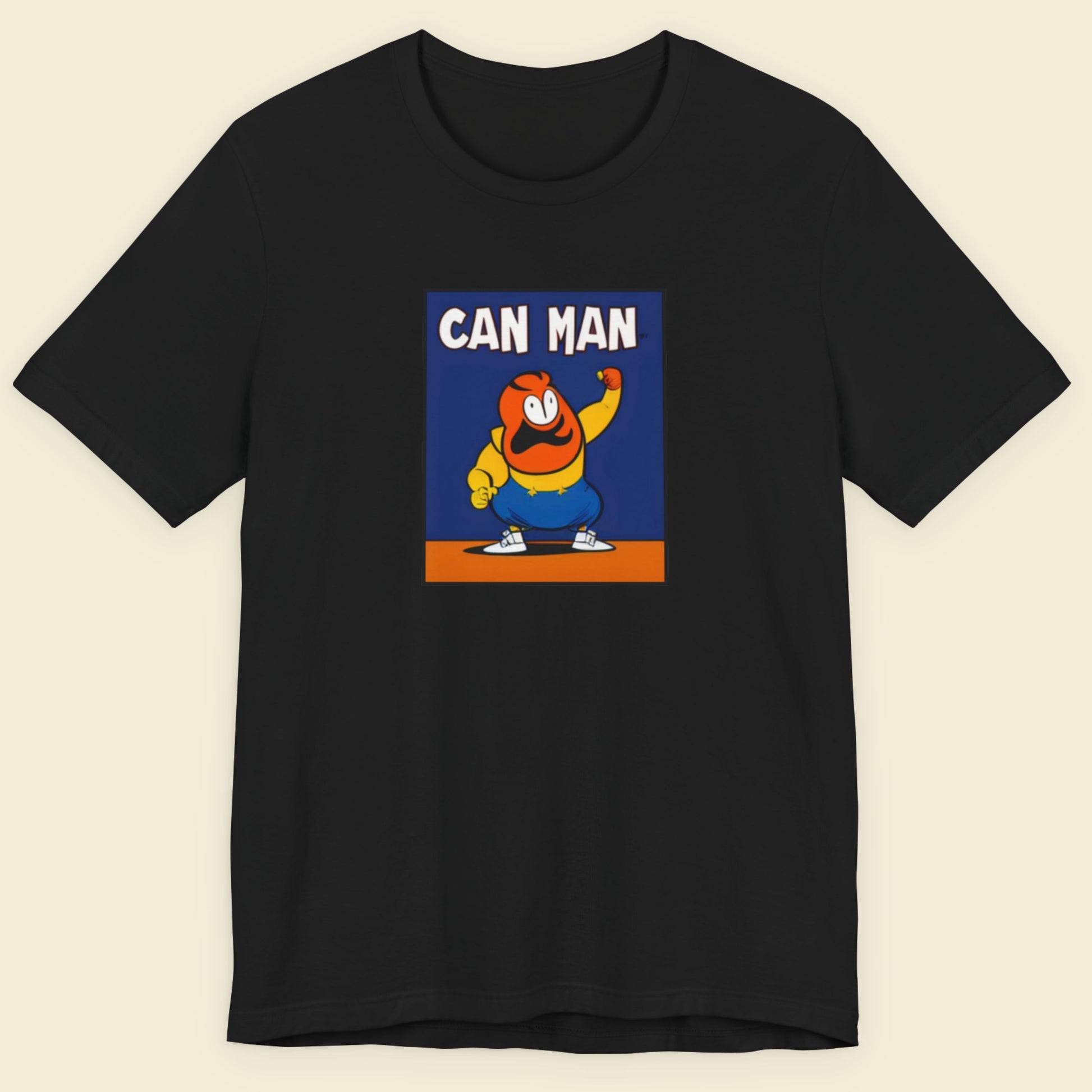 Black t-shirt with a graphic of 'Can Man' on a beige background.