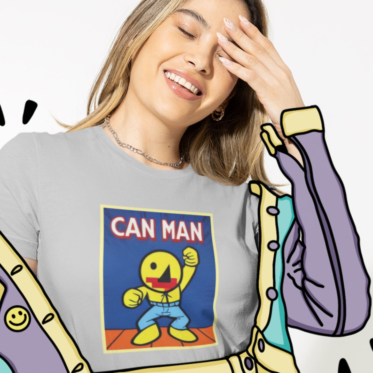 Woman wearing a shirt with a 'Can Man' graphic design.