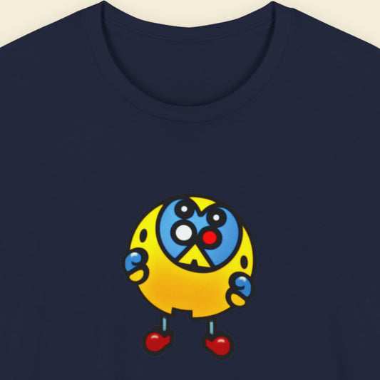 Navy blue t-shirt with a fun, colorful cartoon illustration on a beige background.
