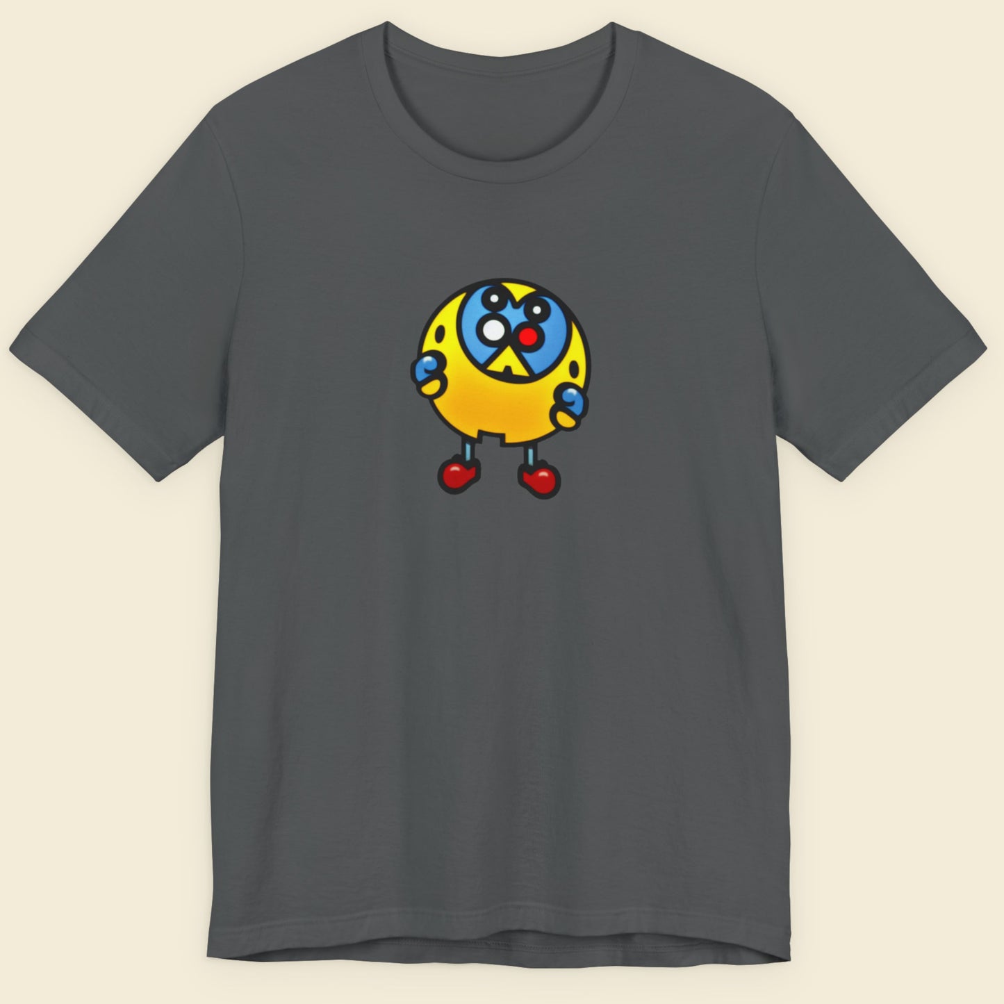Grey t-shirt with a fun, colorful cartoon illustration on a beige background.