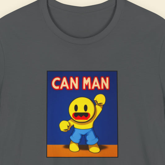 Dark grey t-shirt with a fun, colorful cartoon illustration on a beige background.