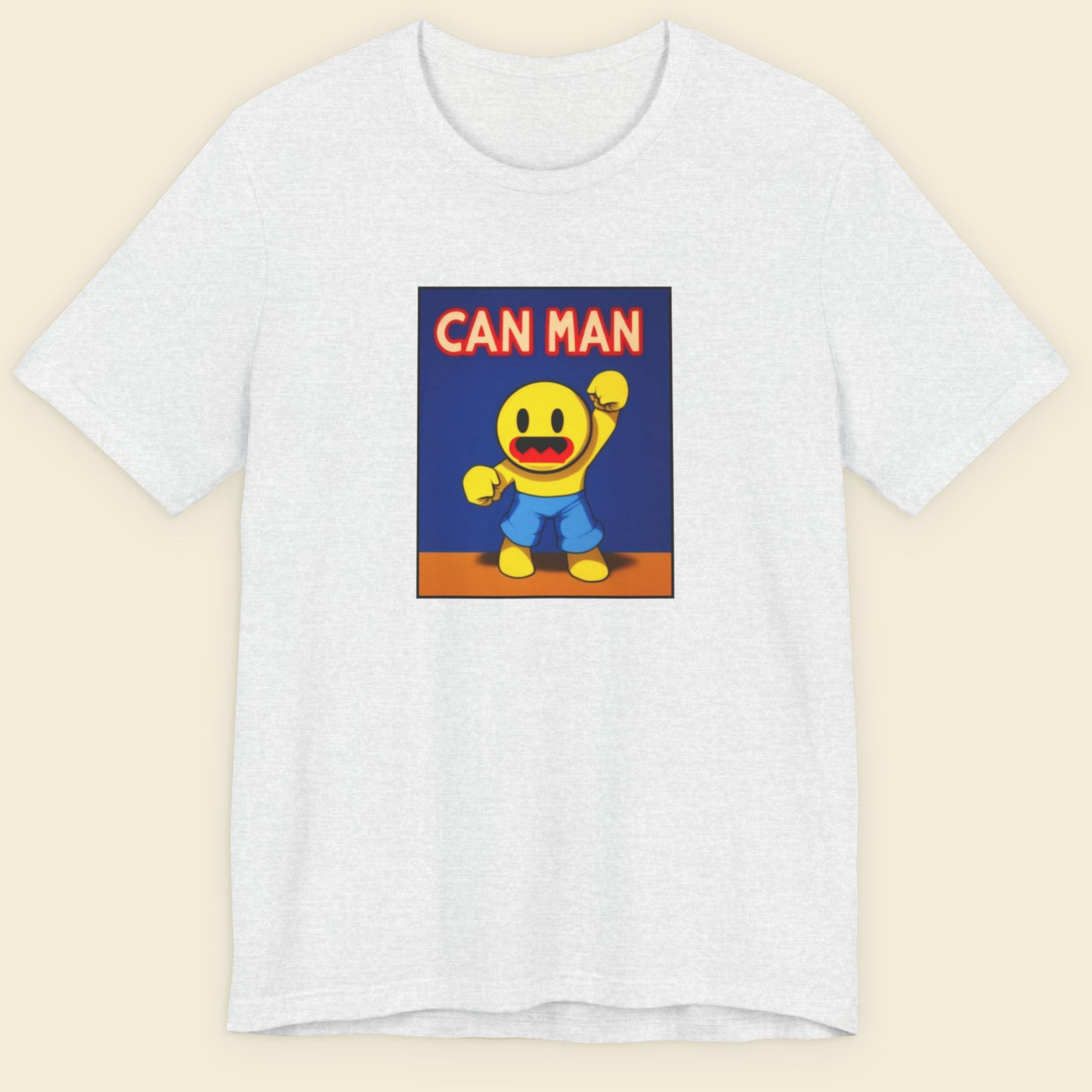 Ash grey t-shirt with a graphic of 'Can Man' on a beige background.