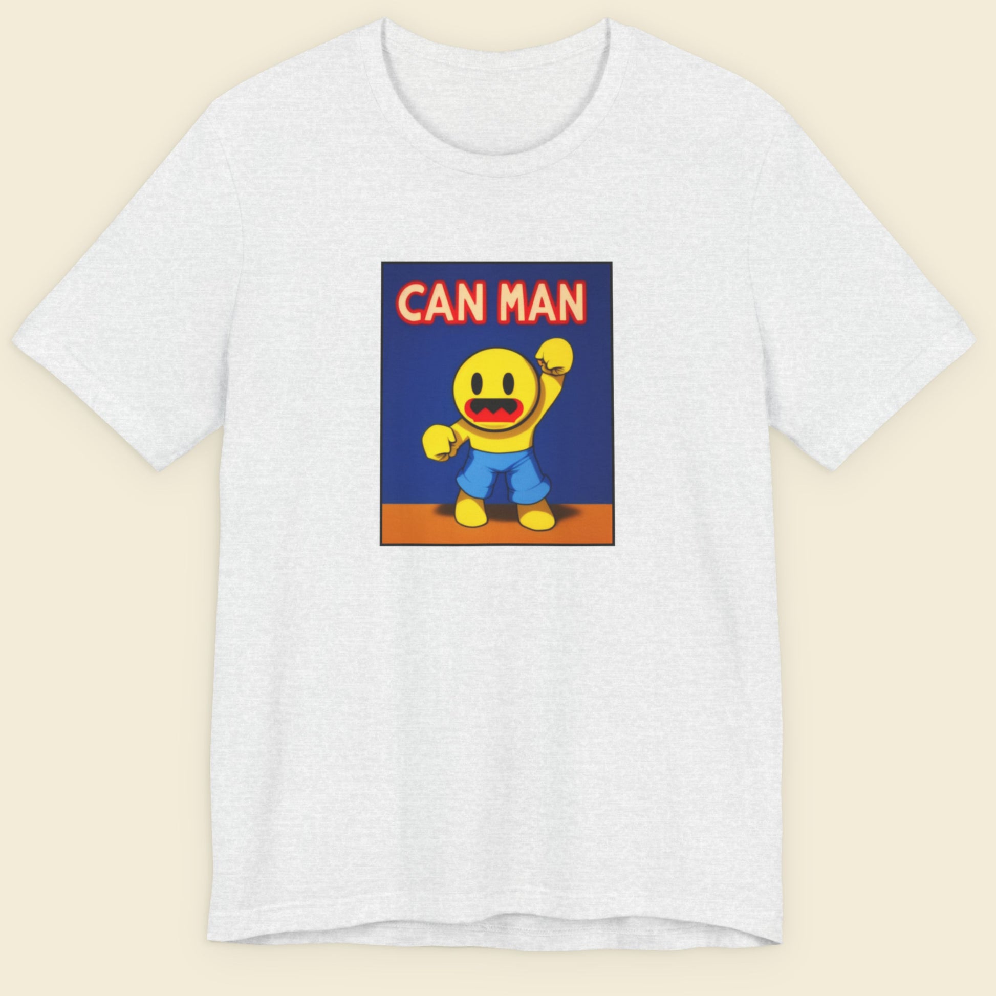 Ash grey t-shirt with a graphic of 'Can Man' on a beige background.