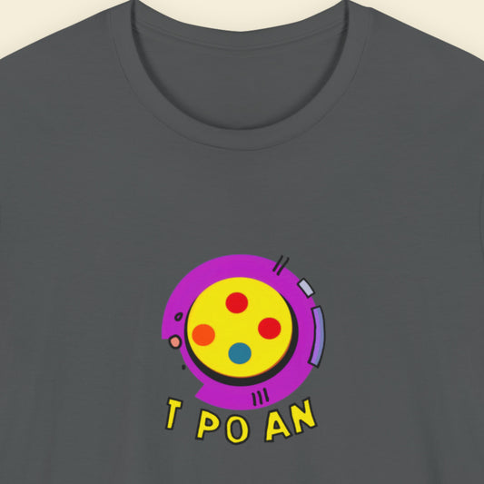 Grey t-shirt with a fun, colorful illustration on a beige background.