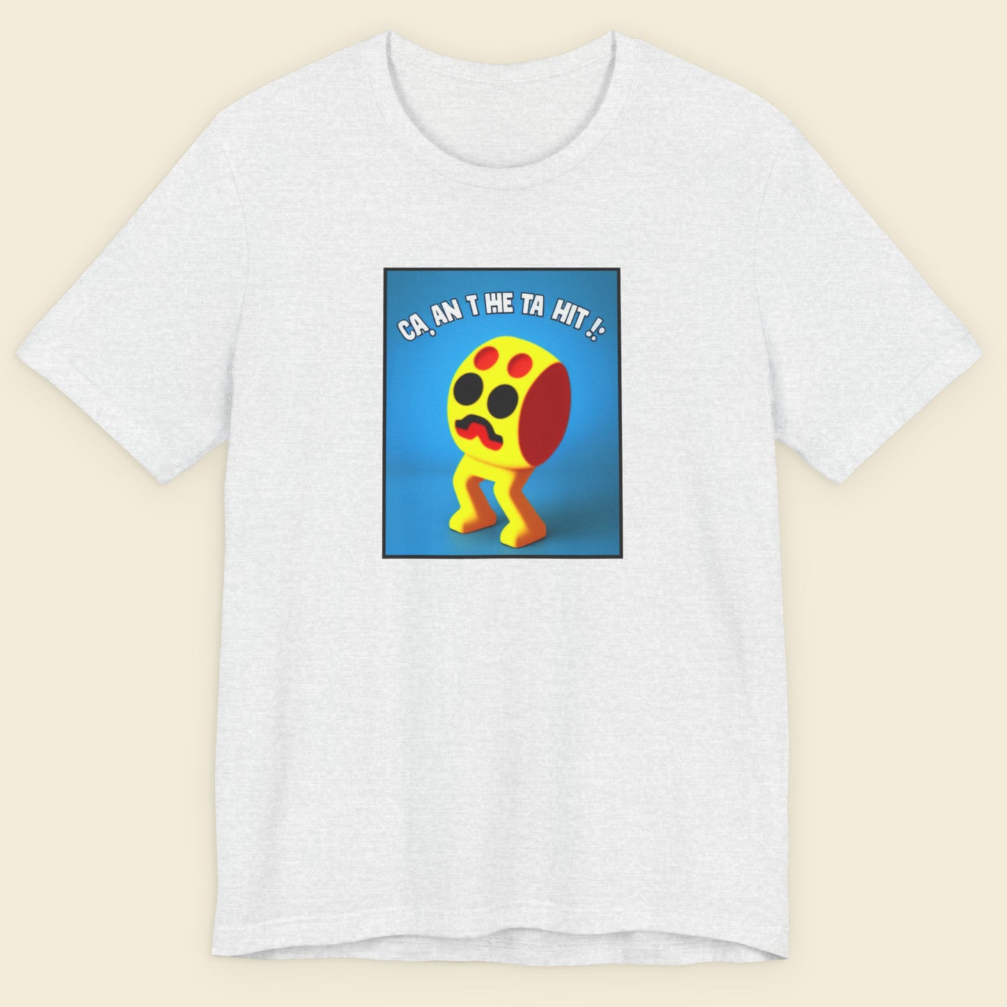 White t-shirt with a colorful graphic design on a beige background.