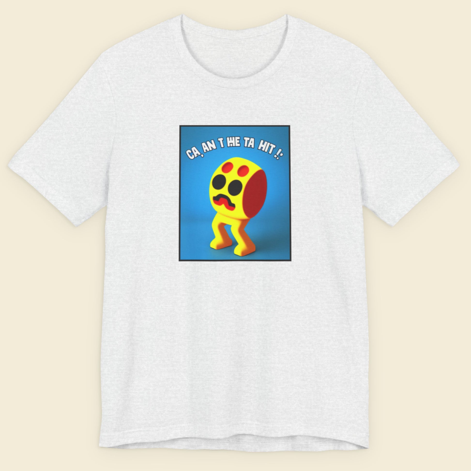 White t-shirt with a colorful graphic design on a beige background.