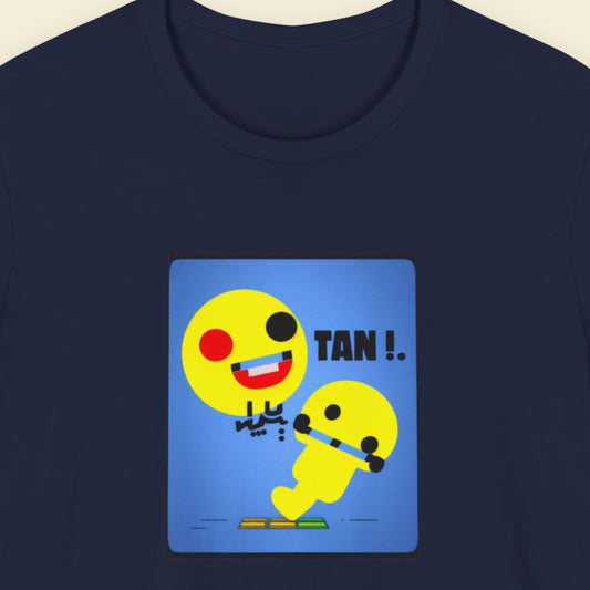 Navy blue t-shirt with a yellow emoji design on a blue square background.
