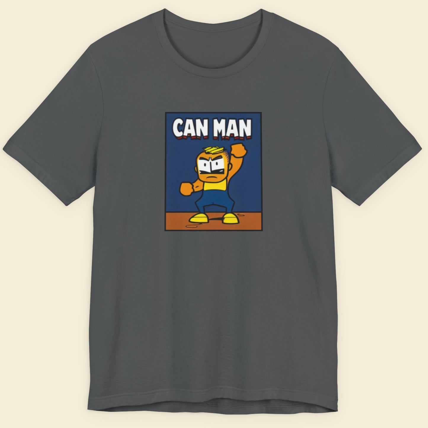 Gray t-shirt with 'CAN MAN' graphic design on a beige background.