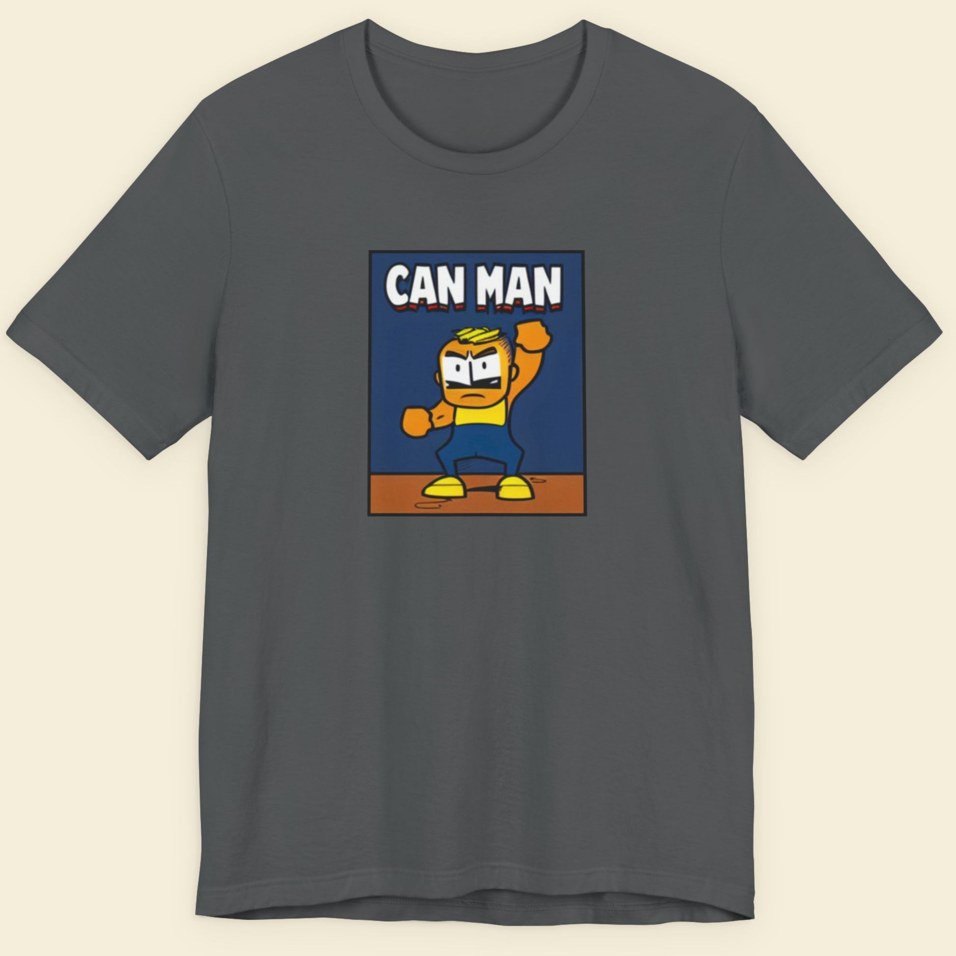 Gray t-shirt with 'CAN MAN' graphic design on a beige background.