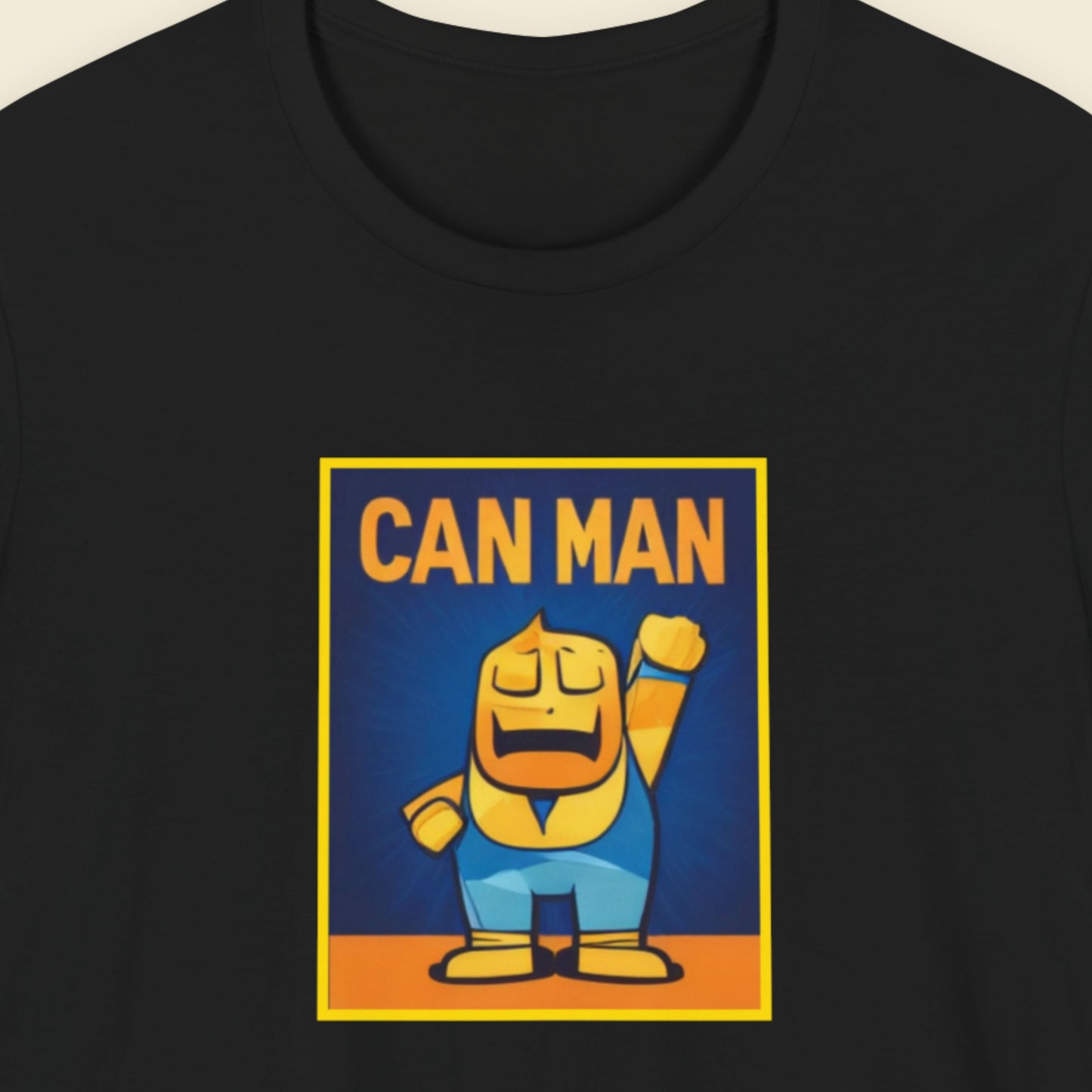 Black t-shirt with a colorful cartoon illustration on a beige background.