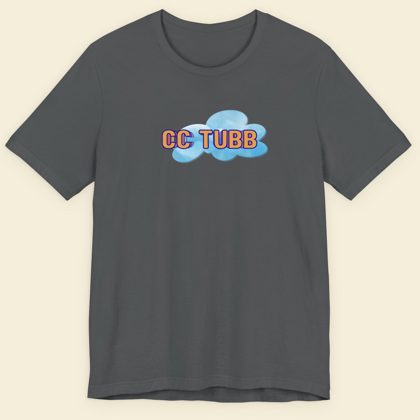 Gray t-shirt with 'CC TUBB' logo on a beige background.