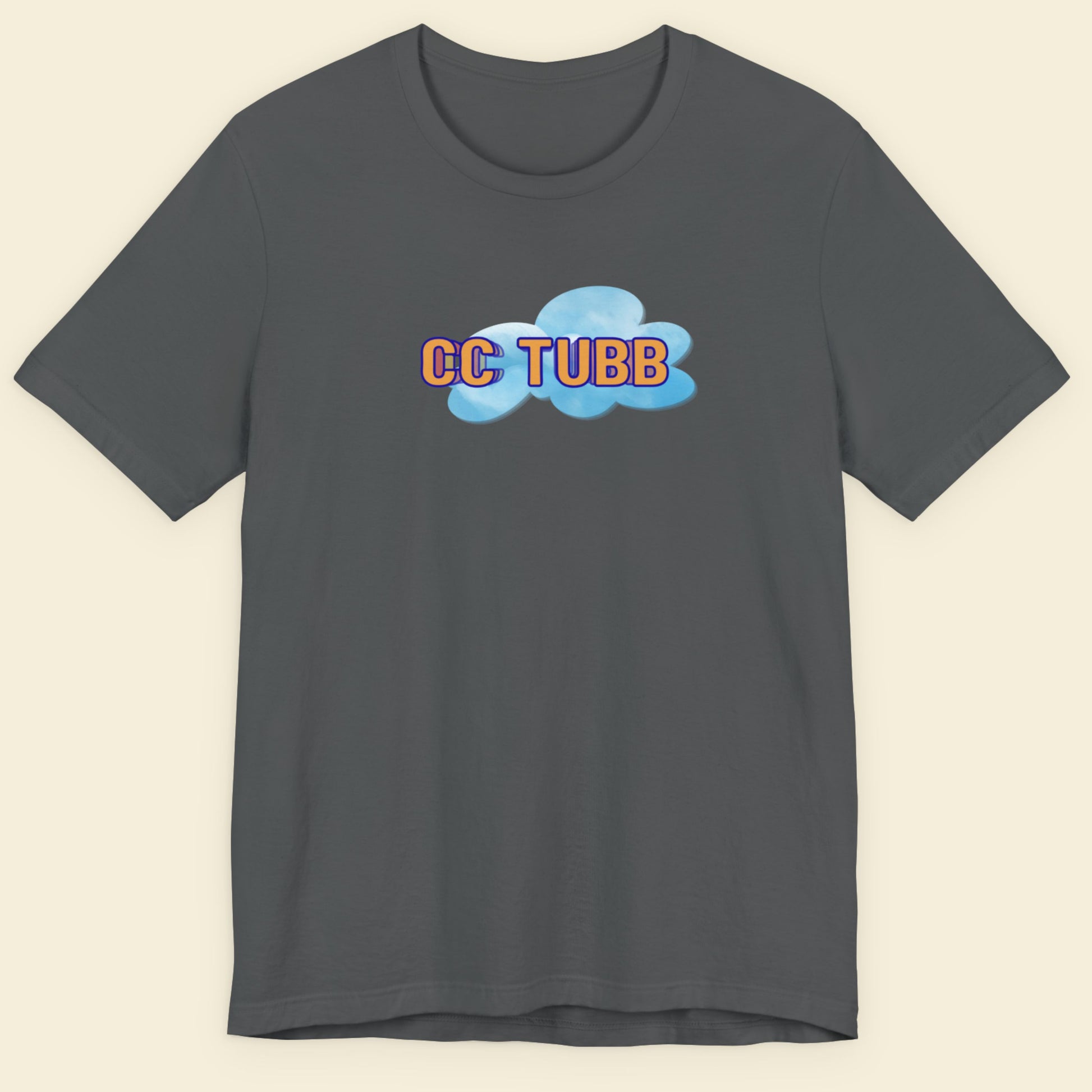 Gray t-shirt with 'CC TUBB' logo on a beige background.
