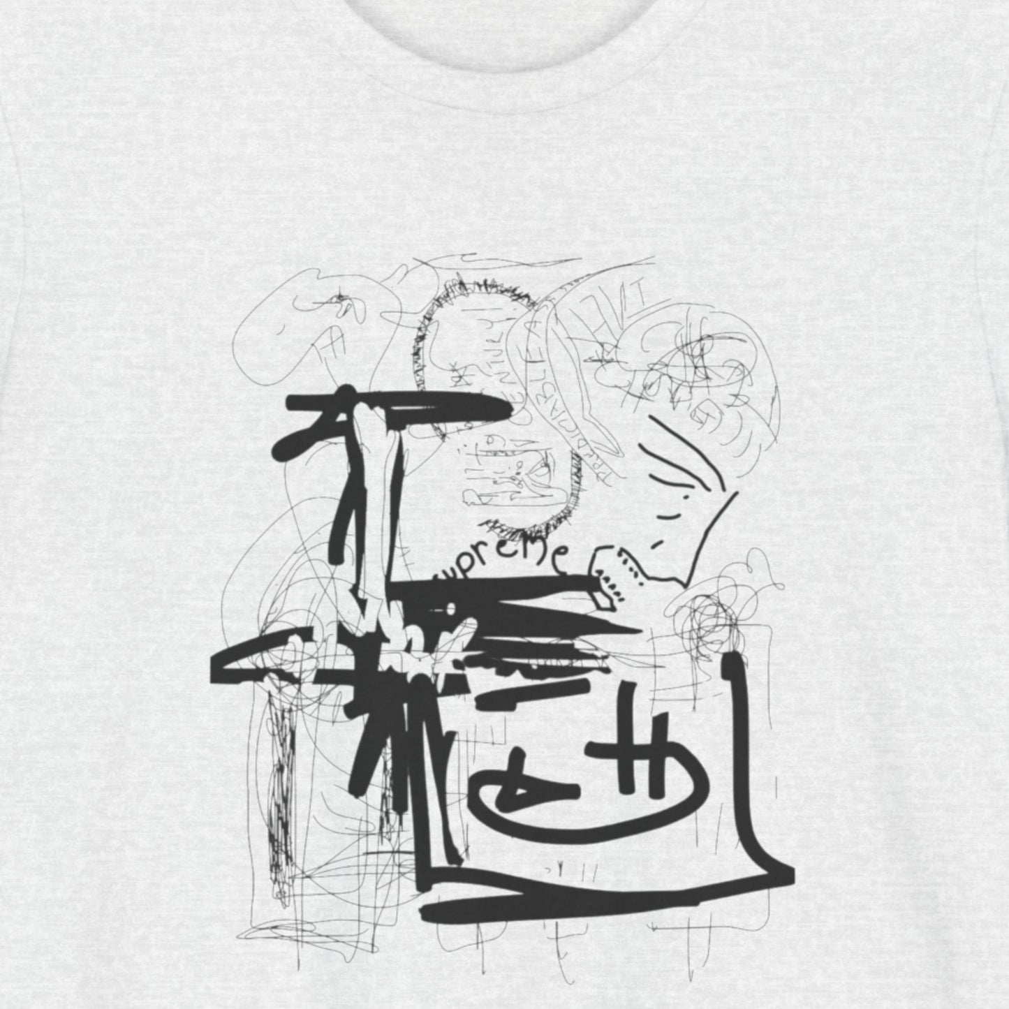 Ash grey t-shirt with an abstract line drawing on a beige background.