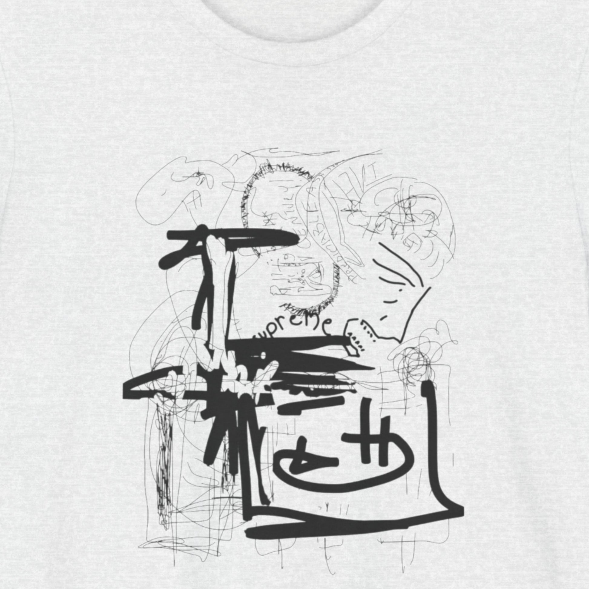 Ash grey t-shirt with an abstract line drawing on a beige background.