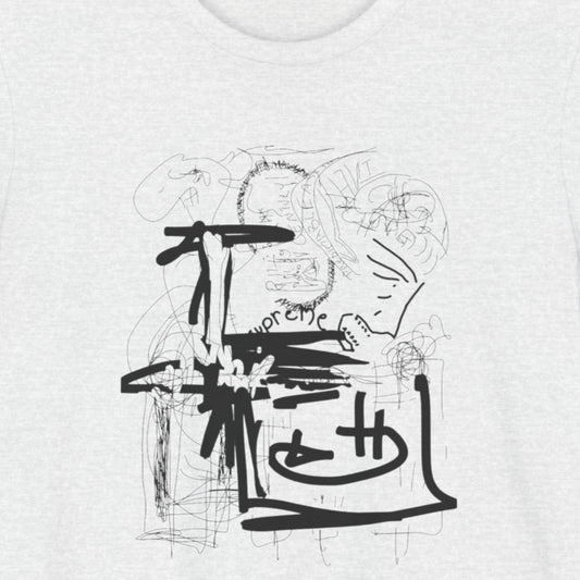 Ash grey t-shirt with an abstract line drawing on a beige background.