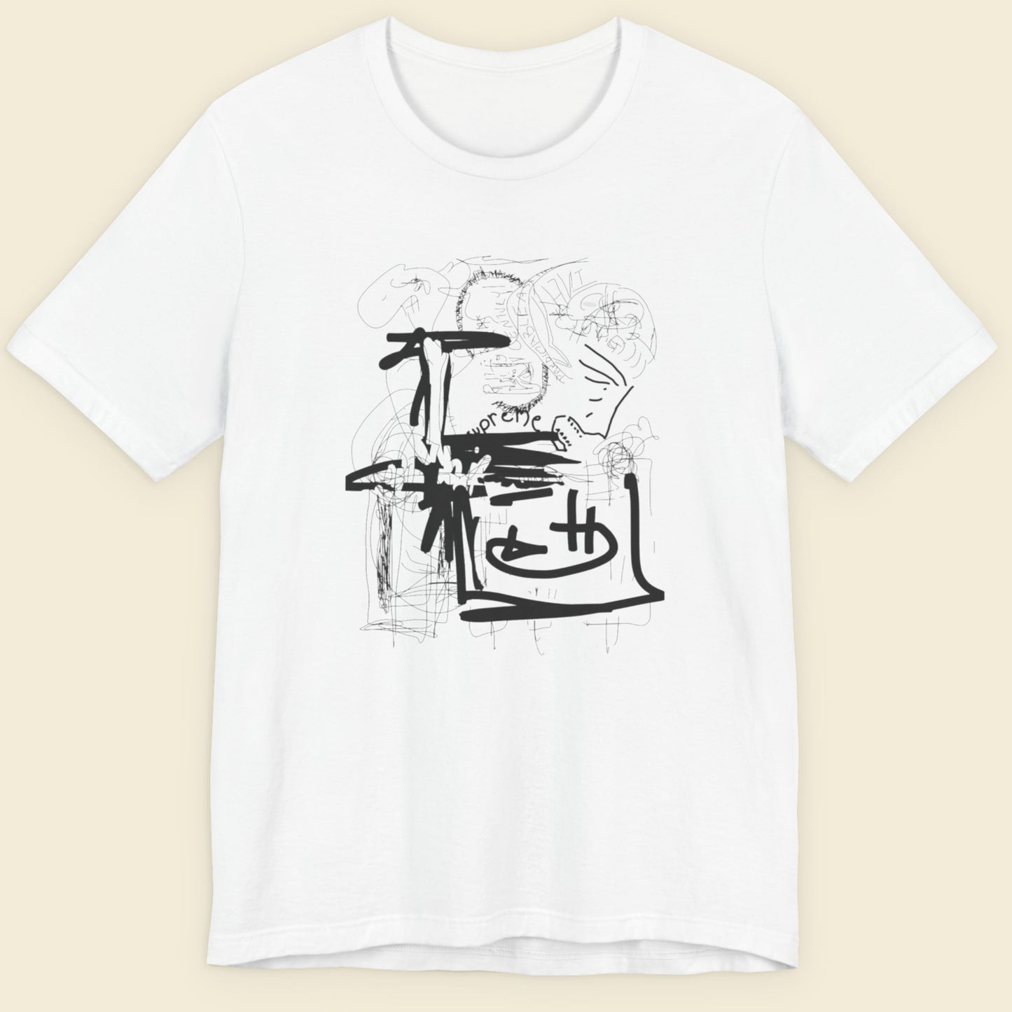 White t-shirt with an abstract line drawing on a beige background.