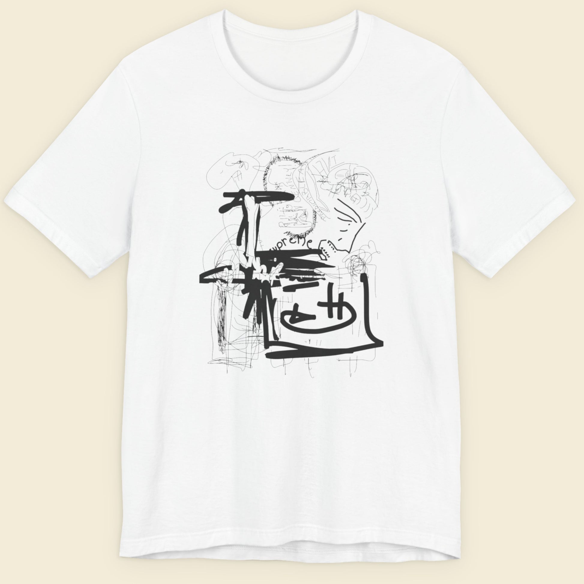 White t-shirt with an abstract line drawing on a beige background.