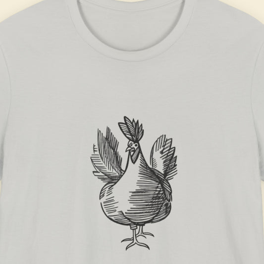 Light grey t-shirt with a charcoal drawing of a chicken.