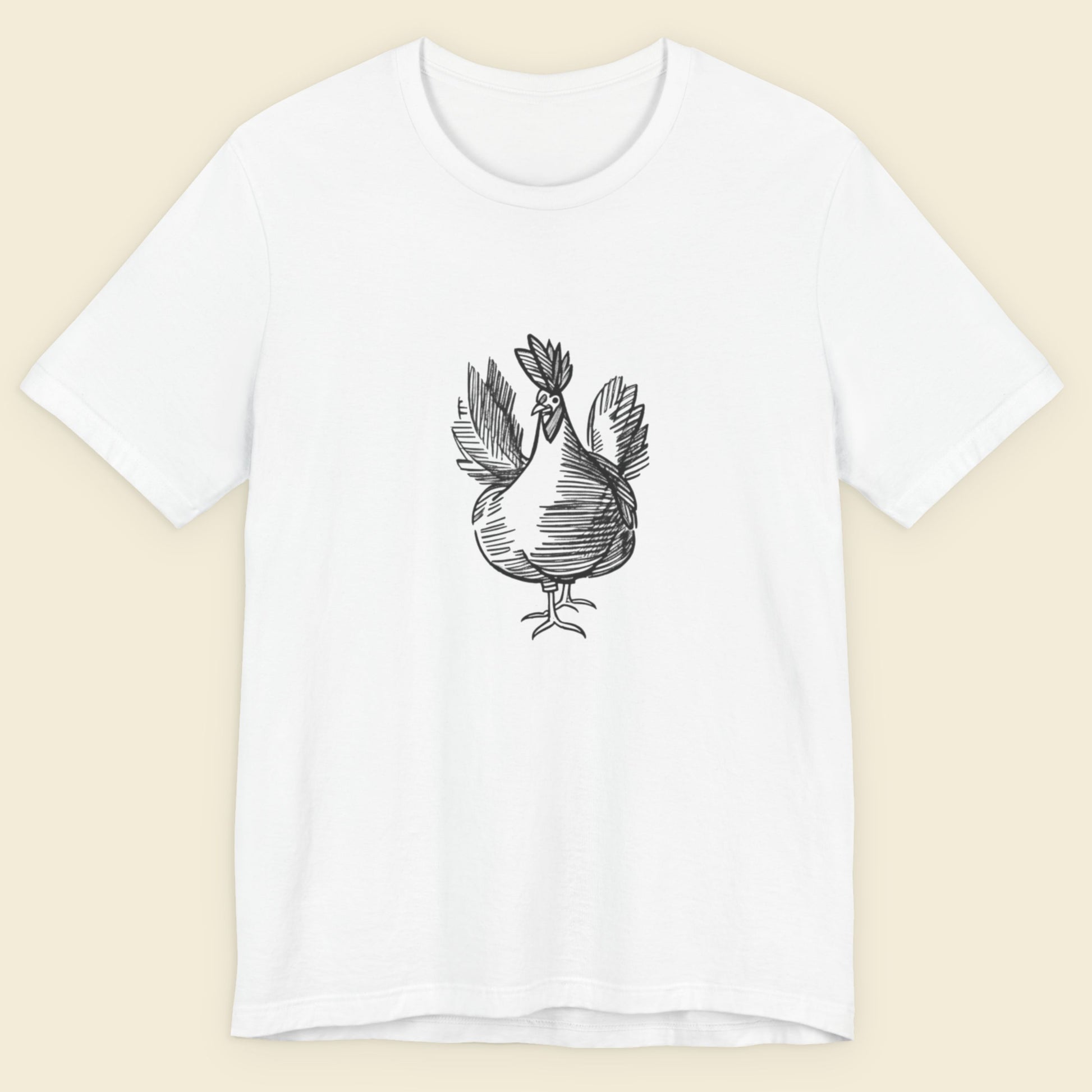 White t-shirt with a black rooster design on a beige background