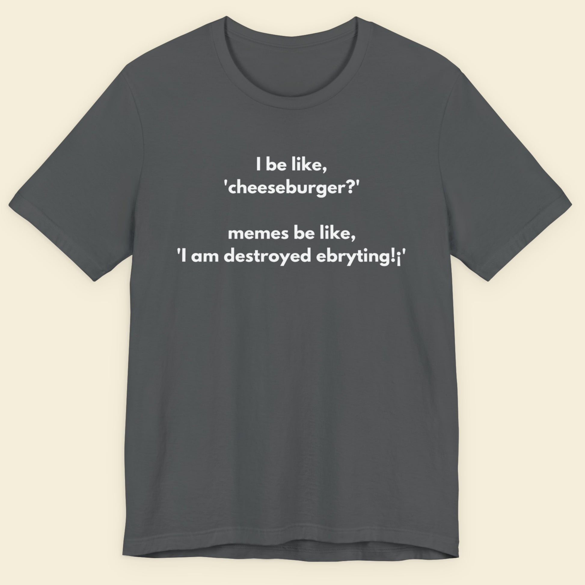 Gray t-shirt with humorous text design on a beige background.