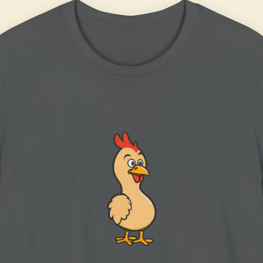 Dark gray t-shirt with a cartoon chicken design on a beige background