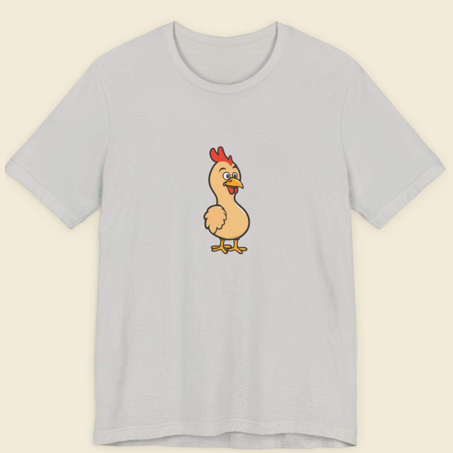 Light gray t-shirt with a cartoon chicken on a beige background