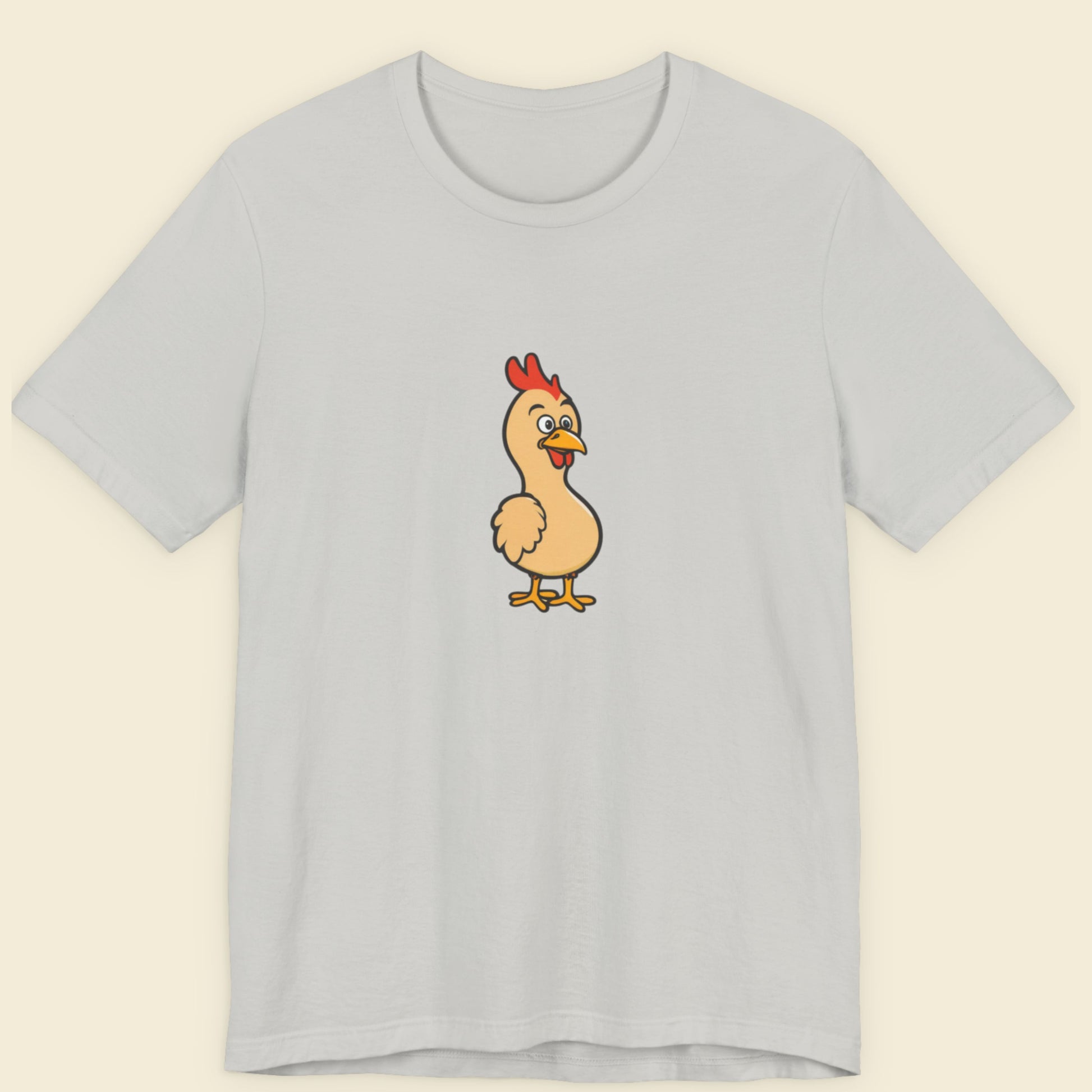 Light gray t-shirt with a cartoon chicken on a beige background