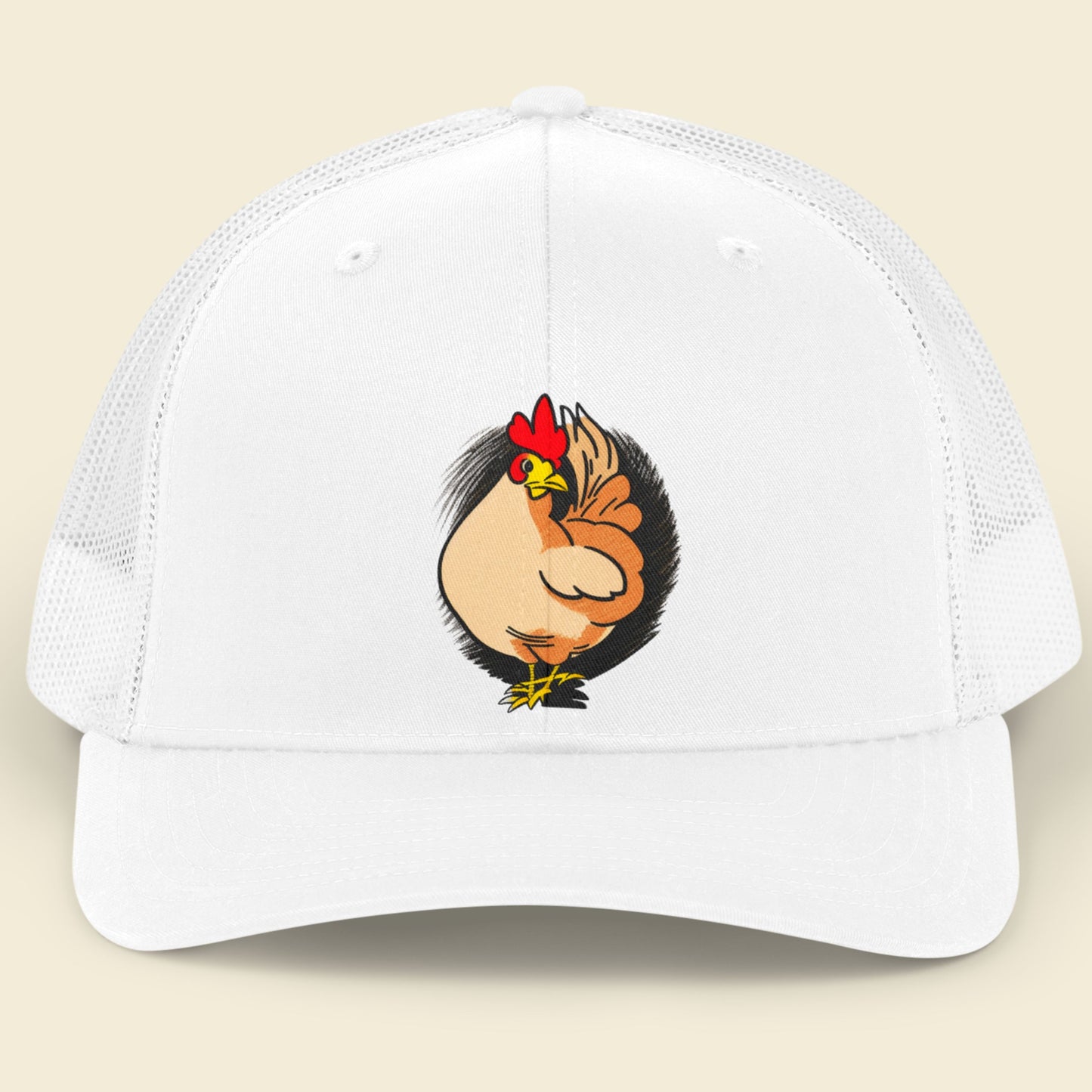 White cap with a cartoon rooster design on a beige background.