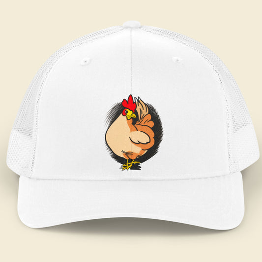 White cap with a cartoon rooster design on a beige background.