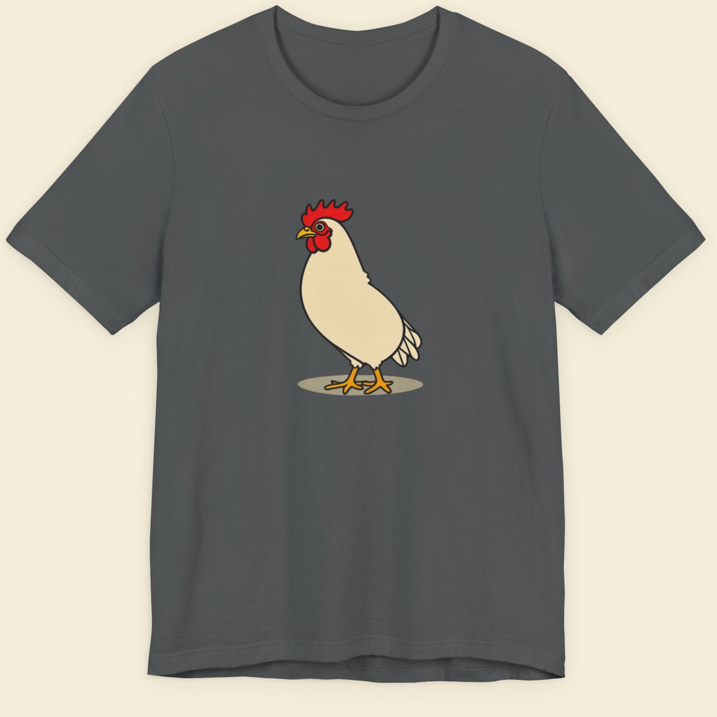 Dark gray t-shirt with a cartoon rooster on a beige background