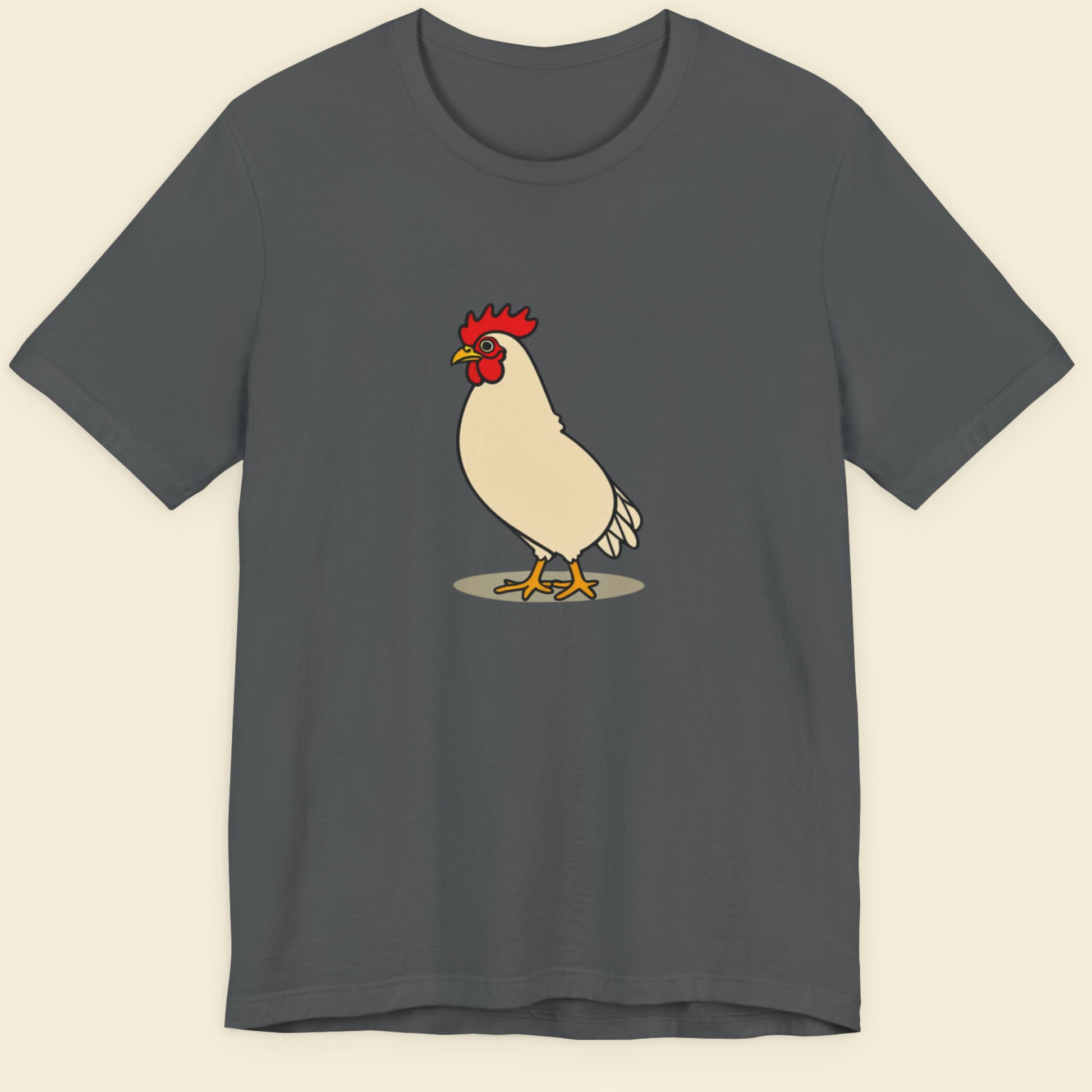 Dark gray t-shirt with a cartoon rooster on a beige background