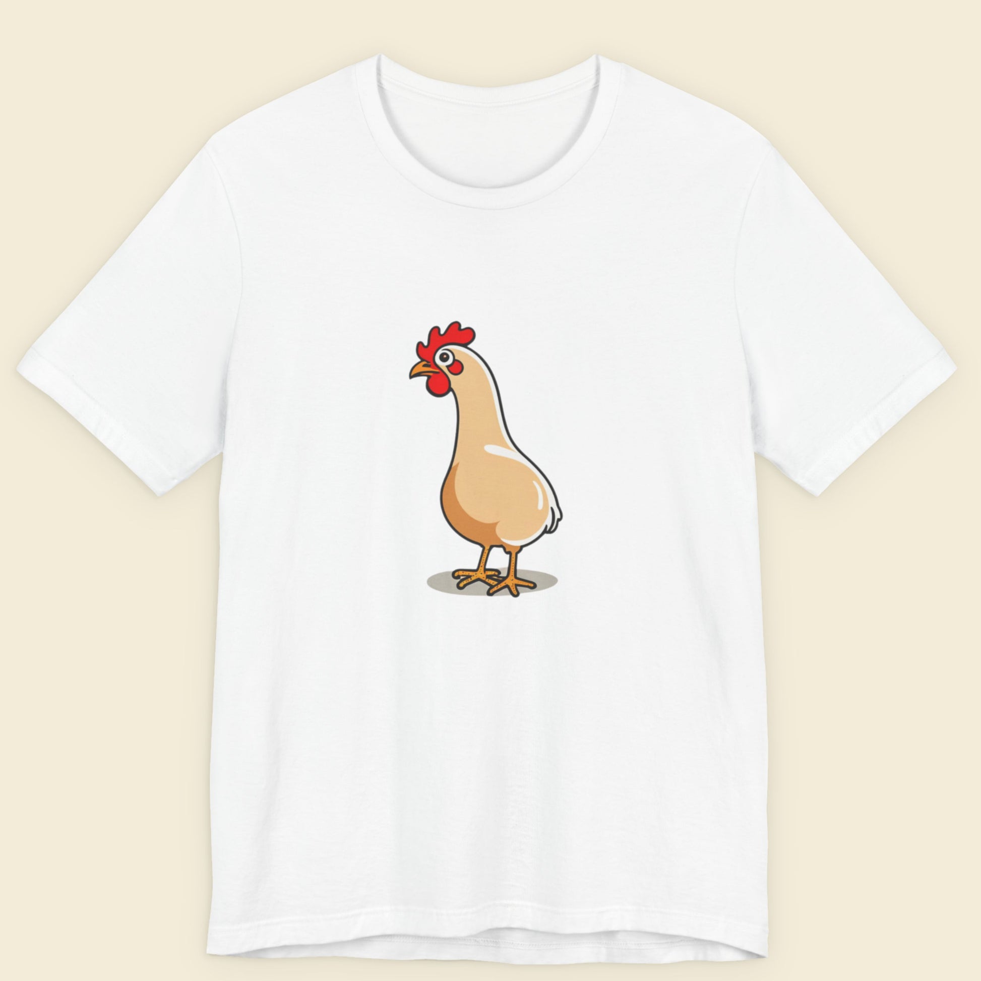 White shirt with an illustration of a rooster on a beige background.