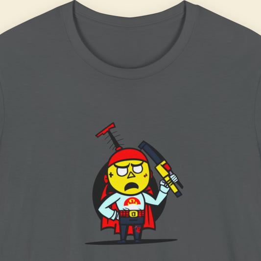 Grey t-shirt with a fun, cartoon illustration on a beige background.