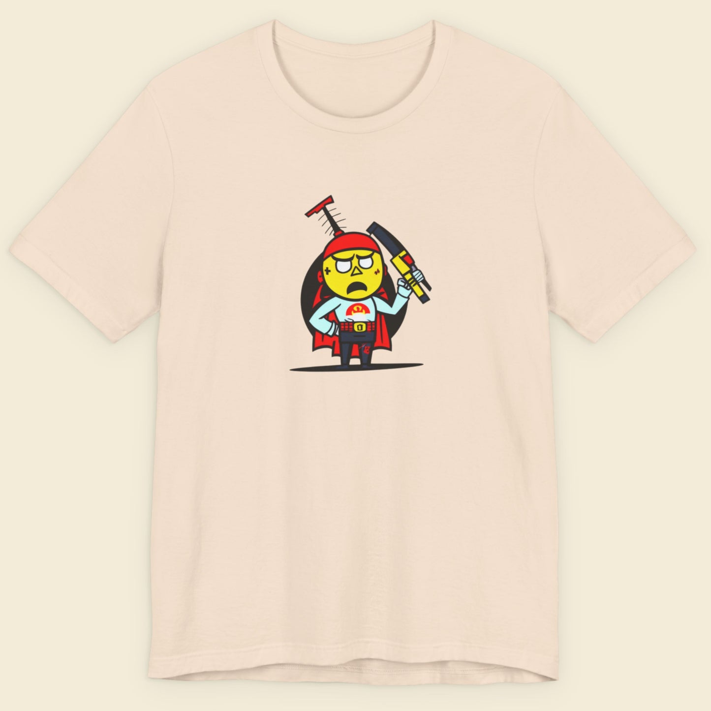 Beige t-shirt with a fun, cartoon illustration on a beige background.