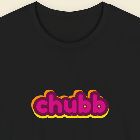 Black t-shirt with multicolored 'chubb' text on a beige background.