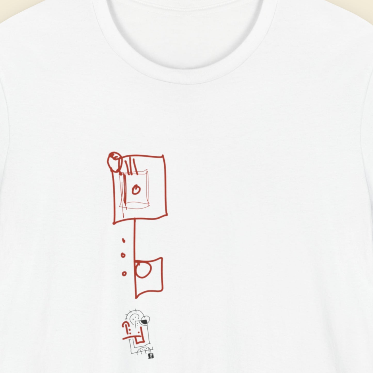 White t-shirt with a colorful abstract drawing on a beige background.