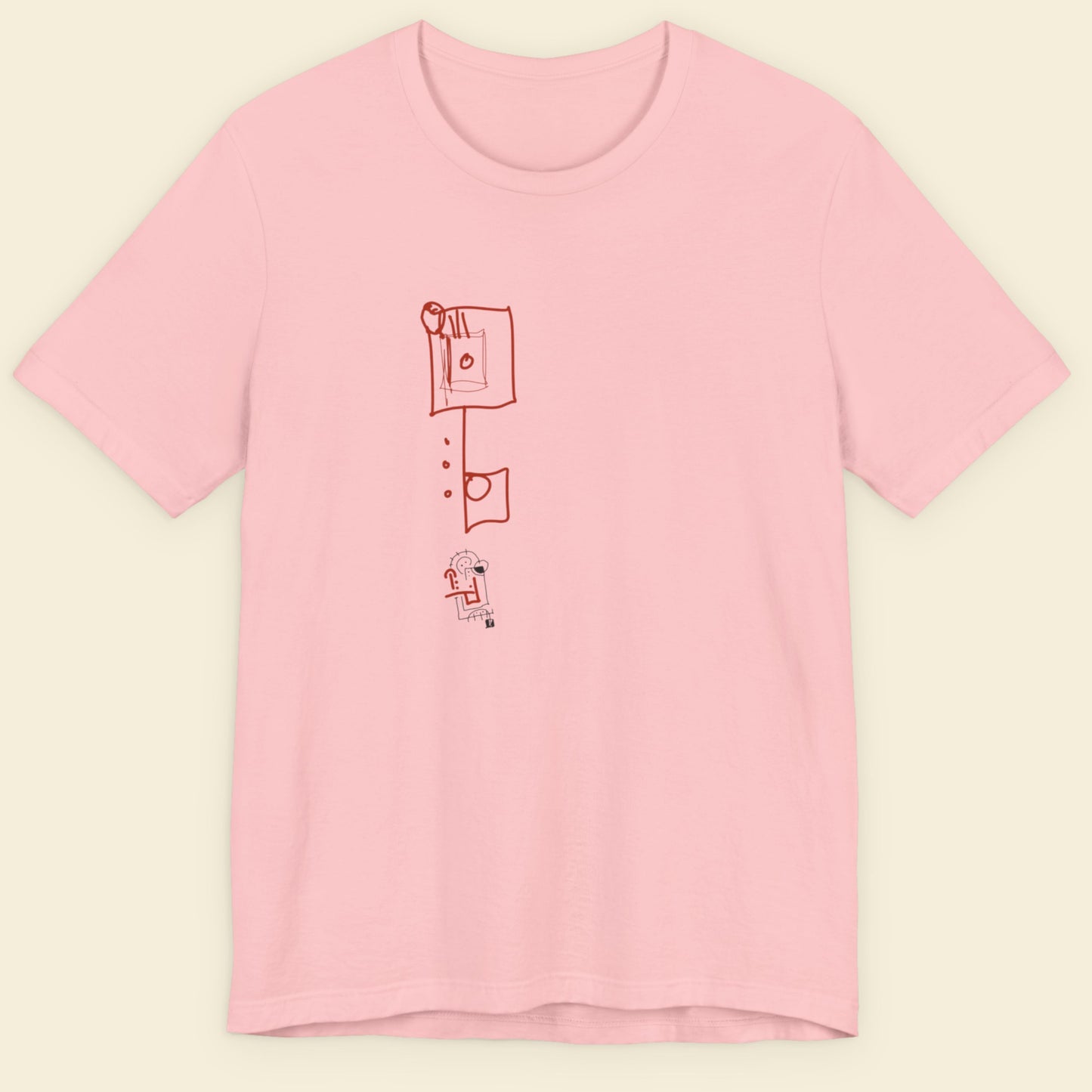 Pink t-shirt with a colorful abstract drawing on a beige background.