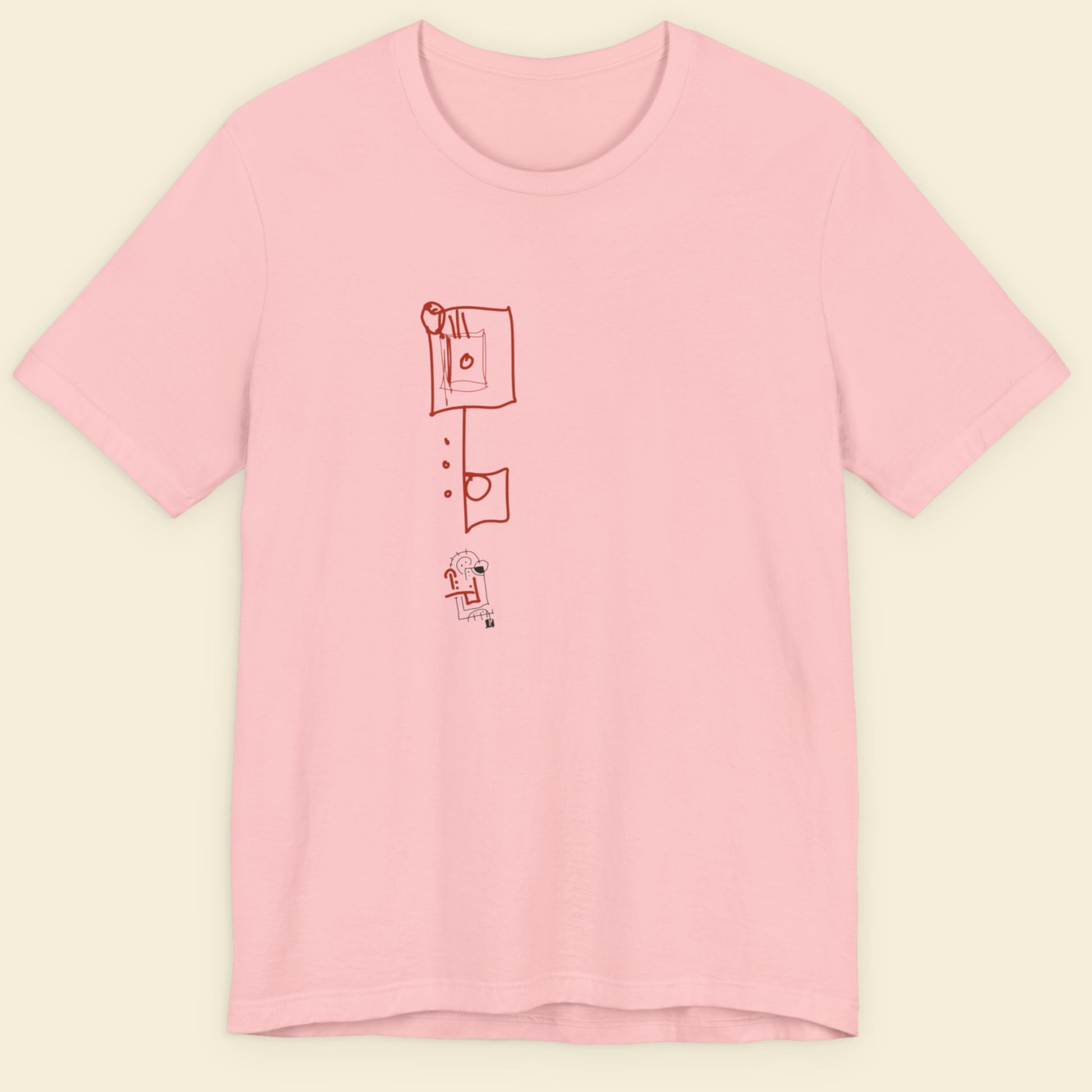 Pink t-shirt with a colorful abstract drawing on a beige background.